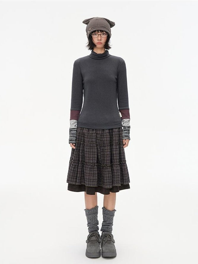 NAPSNAPS Plaid Spliced High Waist A Line Umbrella Women&