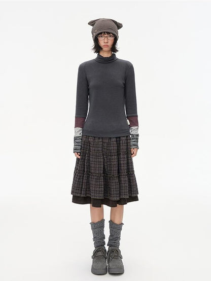 NAPSNAPS Plaid Spliced High Waist A Line Umbrella Women&