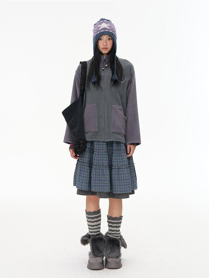 NAPSNAPS Plaid Spliced High Waist A Line Umbrella Women&