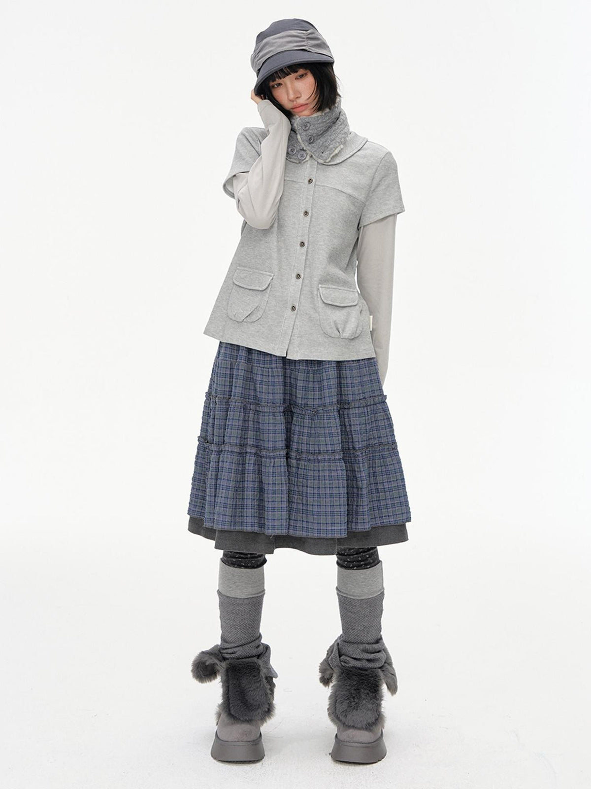 NAPSNAPS Plaid Spliced High Waist A Line Umbrella Women&