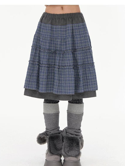 NAPSNAPS Plaid Spliced High Waist A Line Umbrella Women&