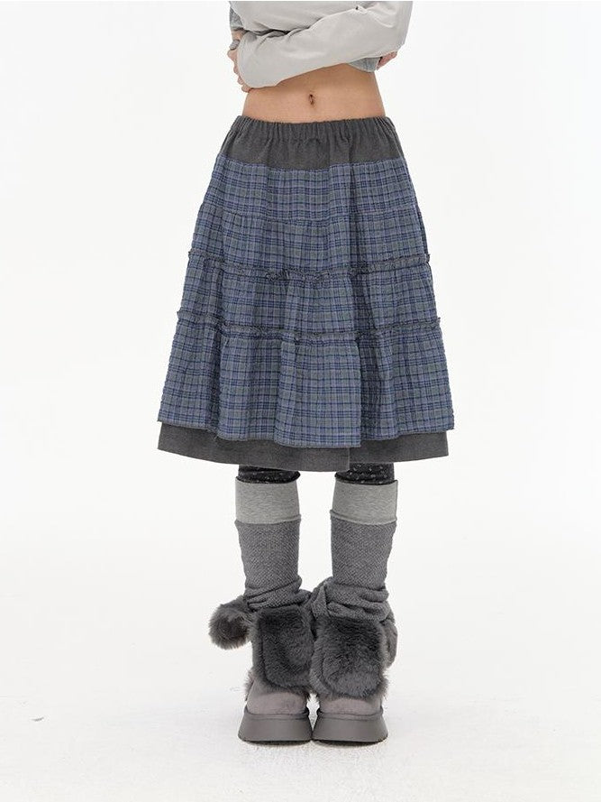 NAPSNAPS Plaid Spliced High Waist A Line Umbrella Women&