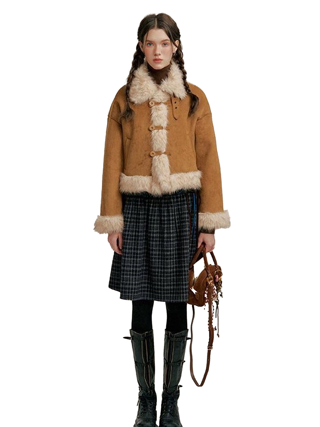 NAPSNAPS Plaid Velvet Low Waist Tie A Line Women&