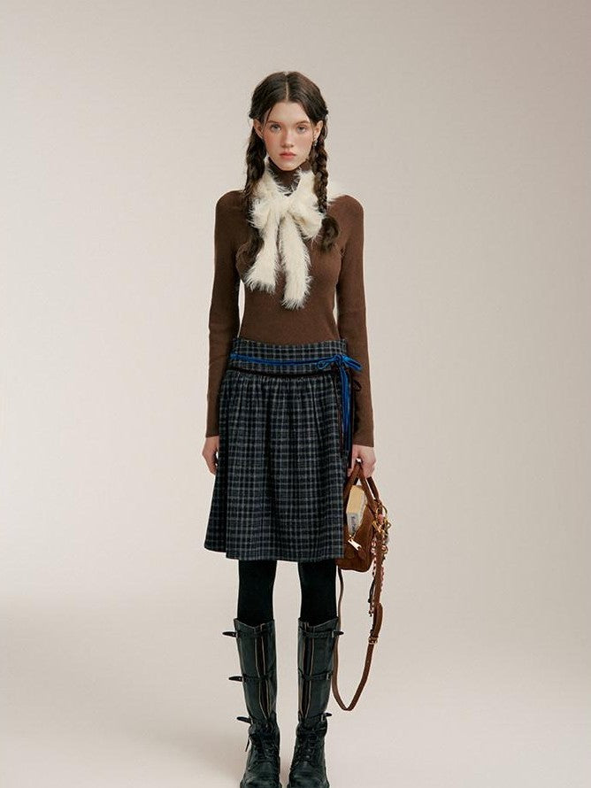 NAPSNAPS Plaid Velvet Low Waist Tie A Line Women&