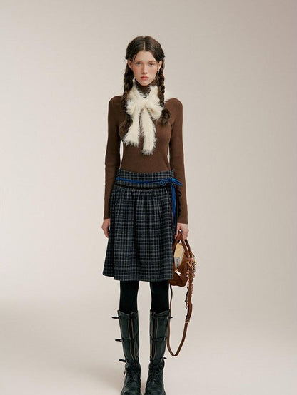 NAPSNAPS Plaid Velvet Low Waist Tie A Line Women&