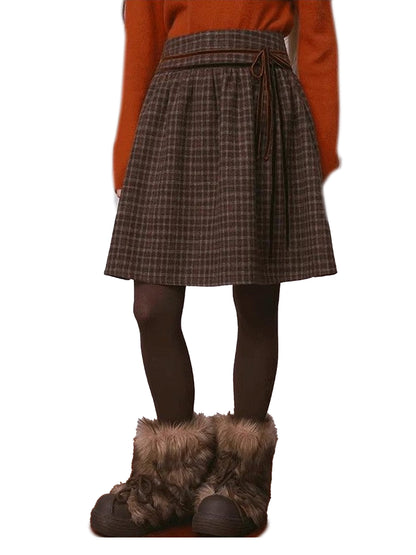 NAPSNAPS Plaid Velvet Low Waist Tie A Line Women&