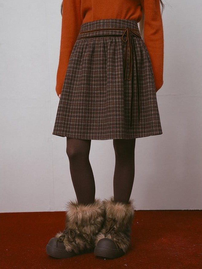 NAPSNAPS Plaid Velvet Low Waist Tie A Line Women&