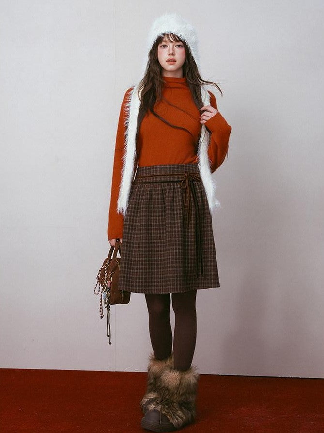 NAPSNAPS Plaid Velvet Low Waist Tie A Line Women&