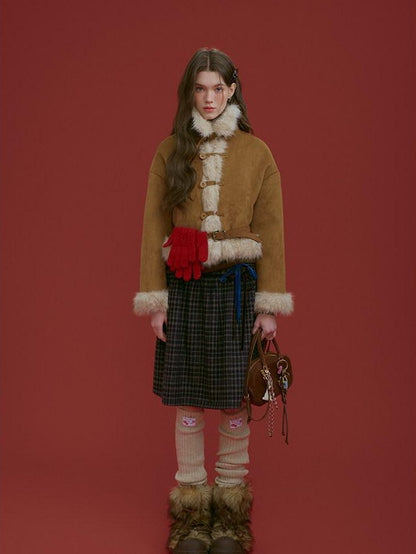 NAPSNAPS Plaid Velvet Low Waist Tie A Line Women&