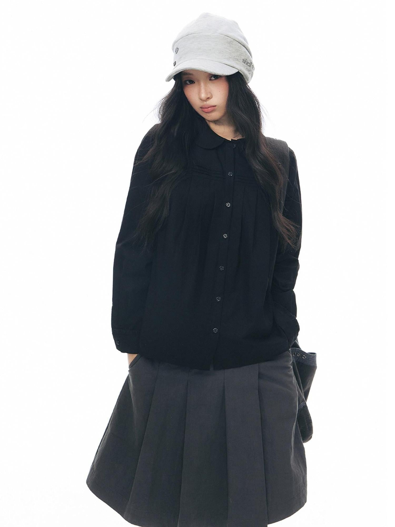 NAPSNAPS Pleated Doll Collar Ruffle Trim Open Front Long Sleeve Women&
