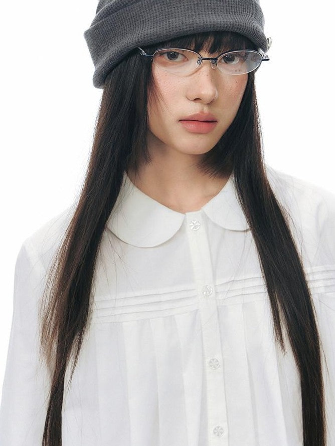 NAPSNAPS Pleated Doll Collar Ruffle Trim Open Front Long Sleeve Women&