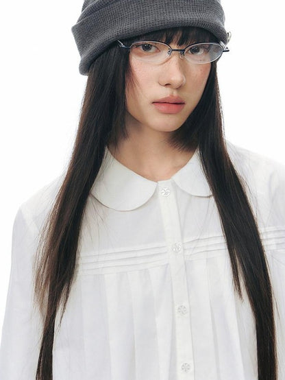 NAPSNAPS Pleated Doll Collar Ruffle Trim Open Front Long Sleeve Women&