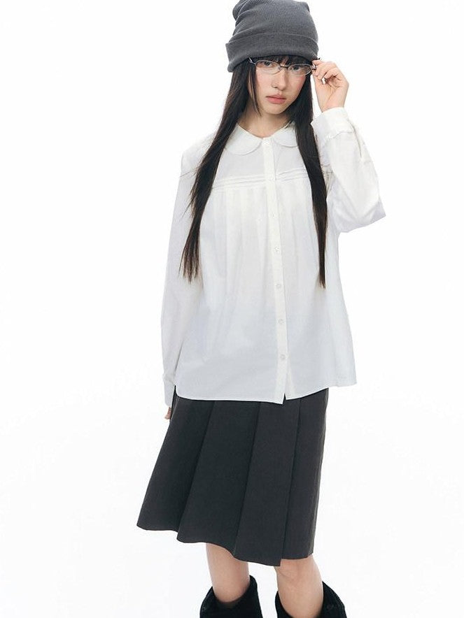 NAPSNAPS Pleated Doll Collar Ruffle Trim Open Front Long Sleeve Women&