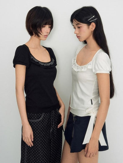 NAPSNAPS Polka Dot Lace Tie Low Neck Slim Women&