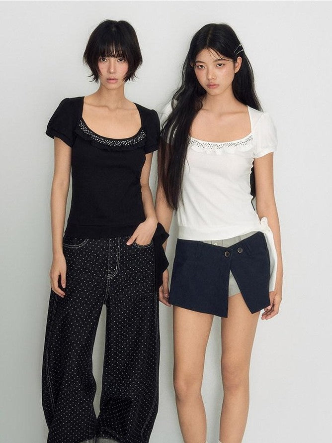 NAPSNAPS Polka Dot Lace Tie Low Neck Slim Women&