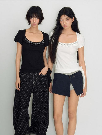 NAPSNAPS Polka Dot Lace Tie Low Neck Slim Women&