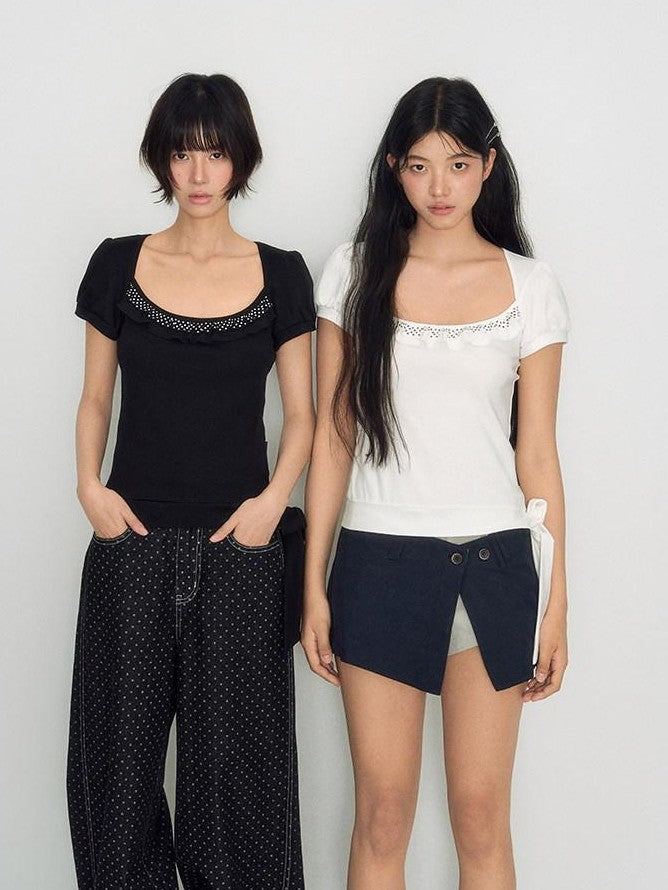 NAPSNAPS Polka Dot Lace Tie Low Neck Slim Women&