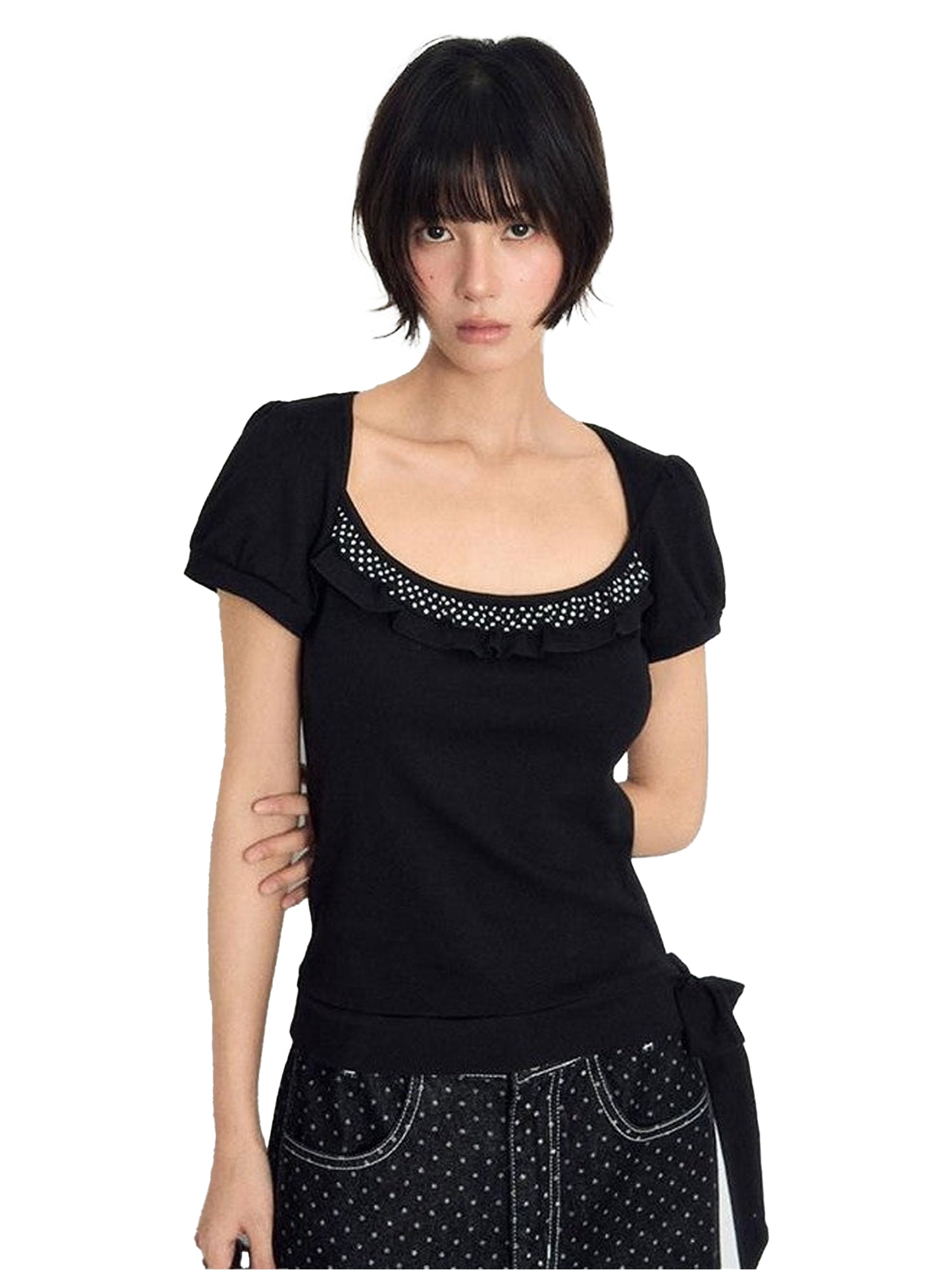 NAPSNAPS Polka Dot Lace Tie Low Neck Slim Women&