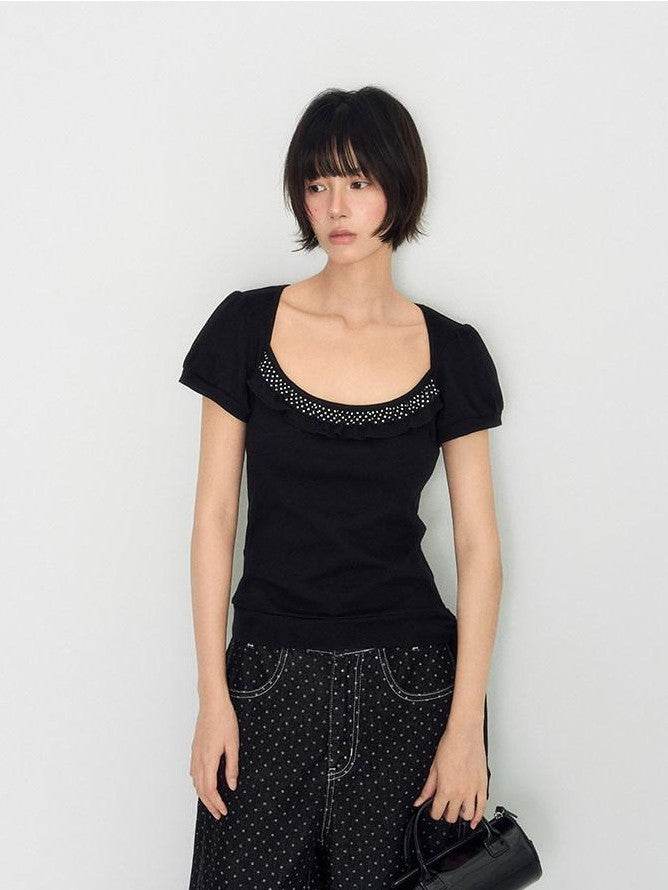 NAPSNAPS Polka Dot Lace Tie Low Neck Slim Women&