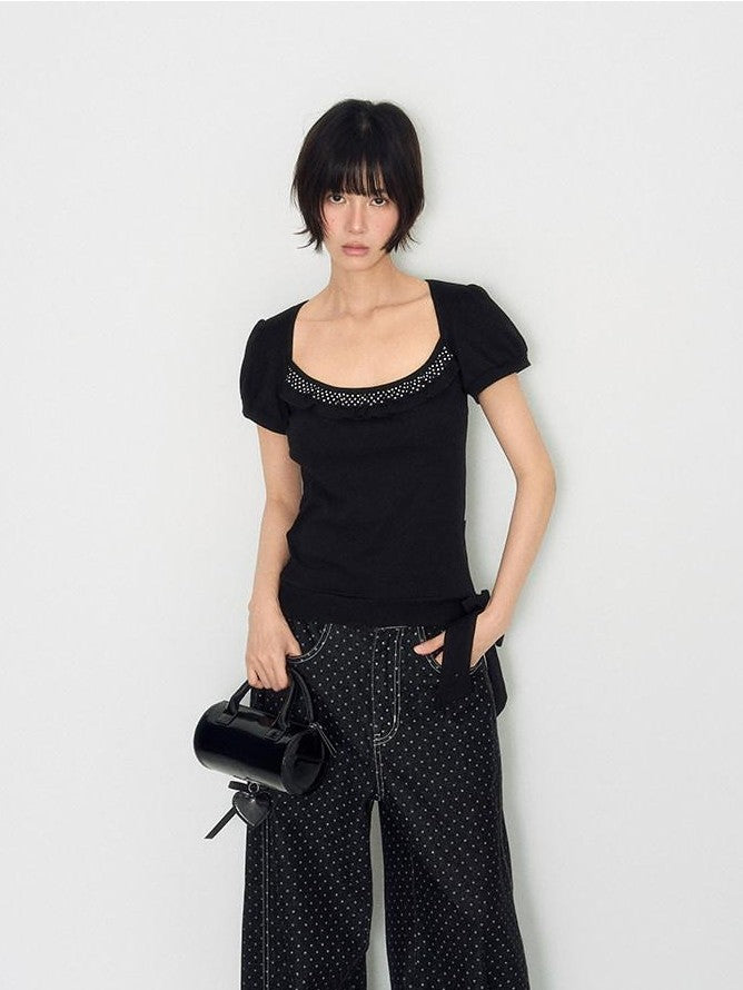 NAPSNAPS Polka Dot Lace Tie Low Neck Slim Women&