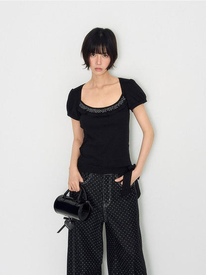 NAPSNAPS Polka Dot Lace Tie Low Neck Slim Women&