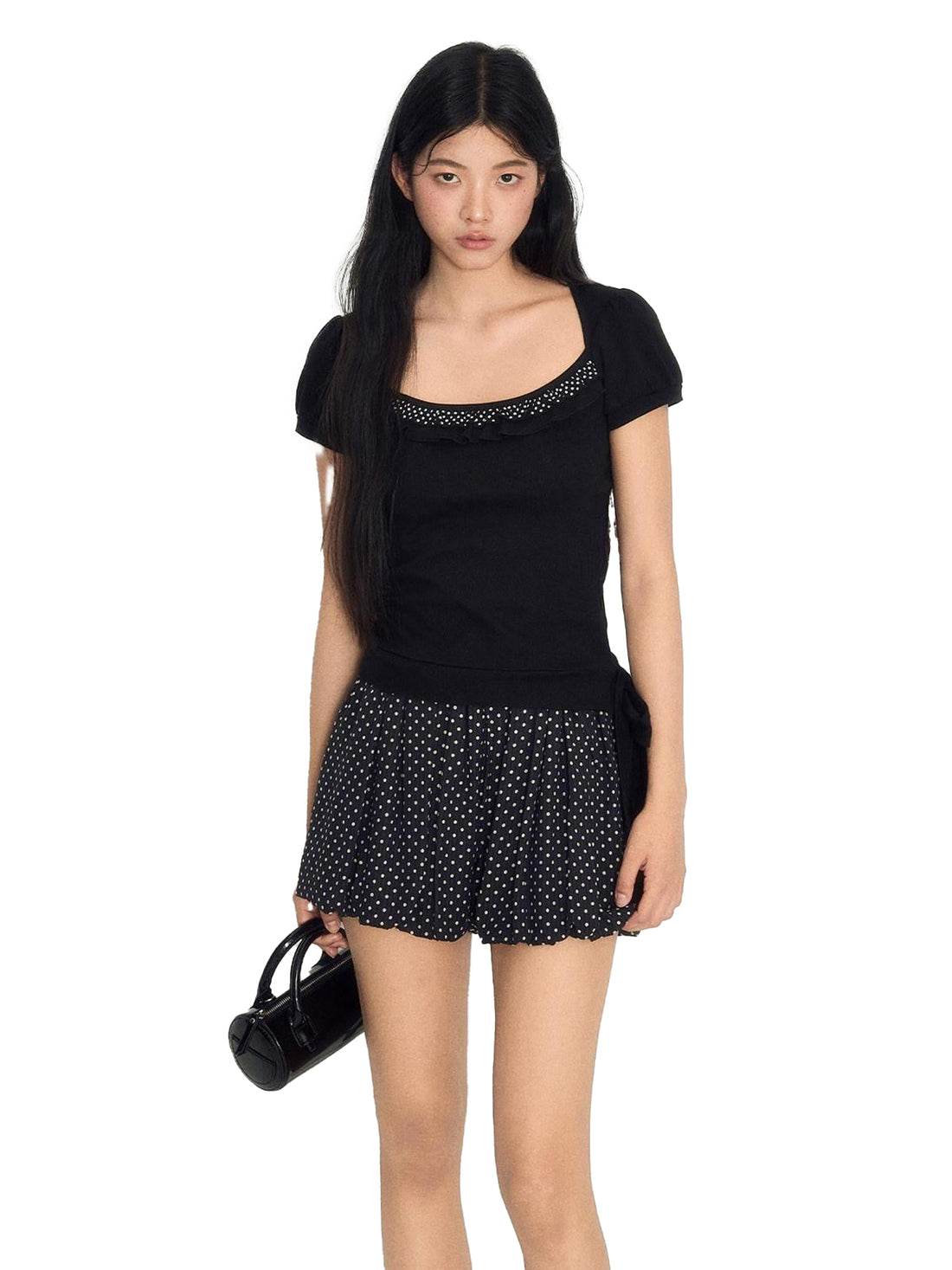 NAPSNAPS Polka Dot Lace Tie Low Neck Slim Women&