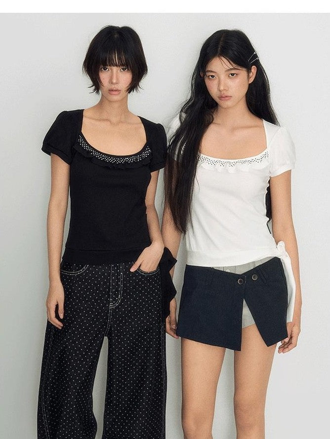 NAPSNAPS Polka Dot Lace Tie Low Neck Slim Women&