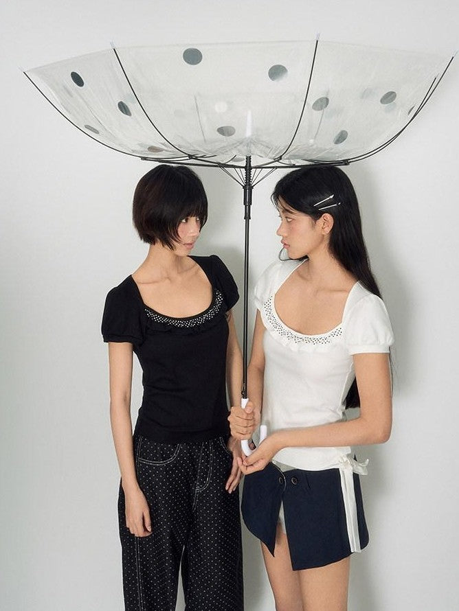 NAPSNAPS Polka Dot Lace Tie Low Neck Slim Women&