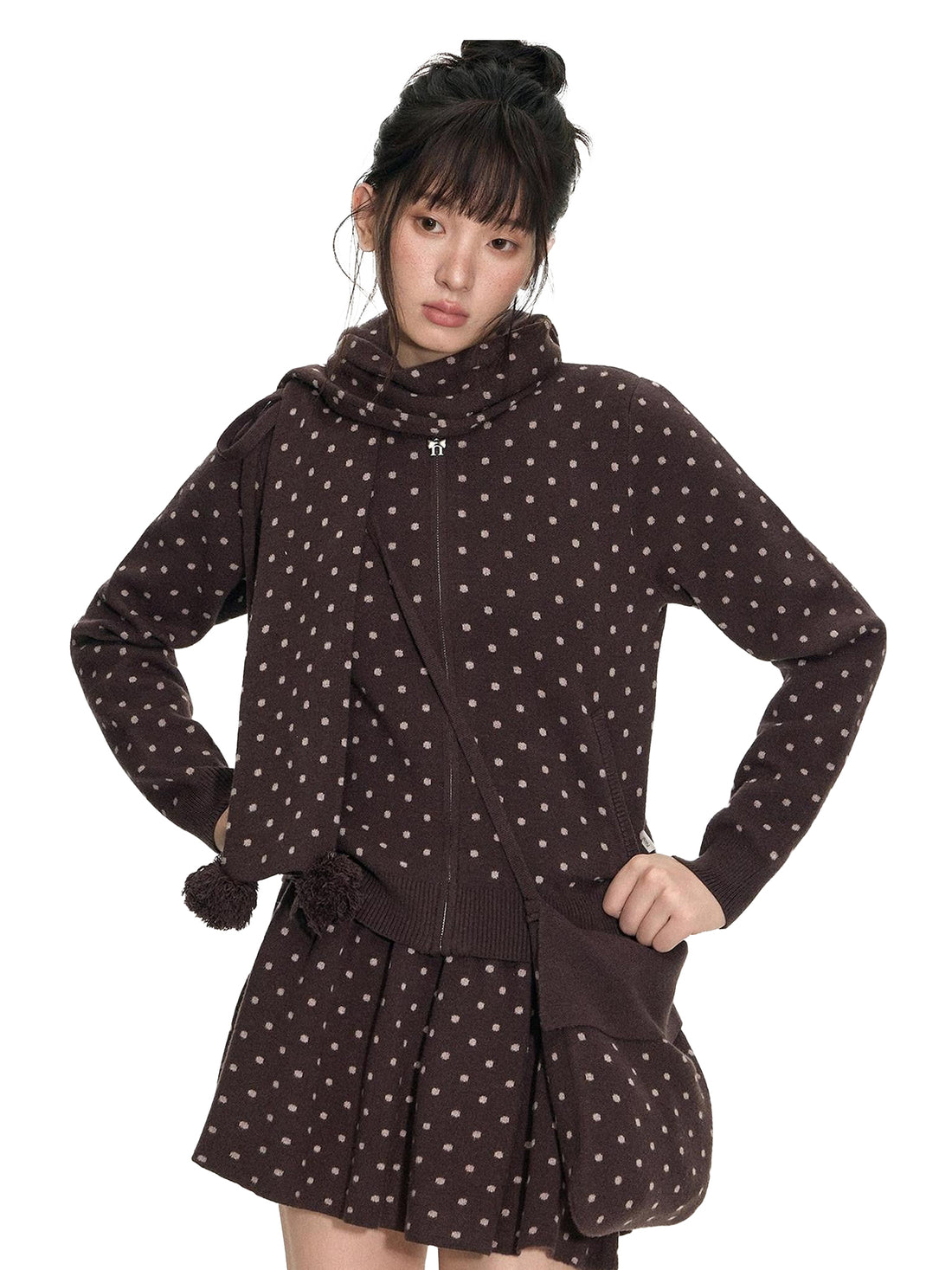 NAPSNAPS Polka Dot Pom Pom Knitted Double Layer Women&