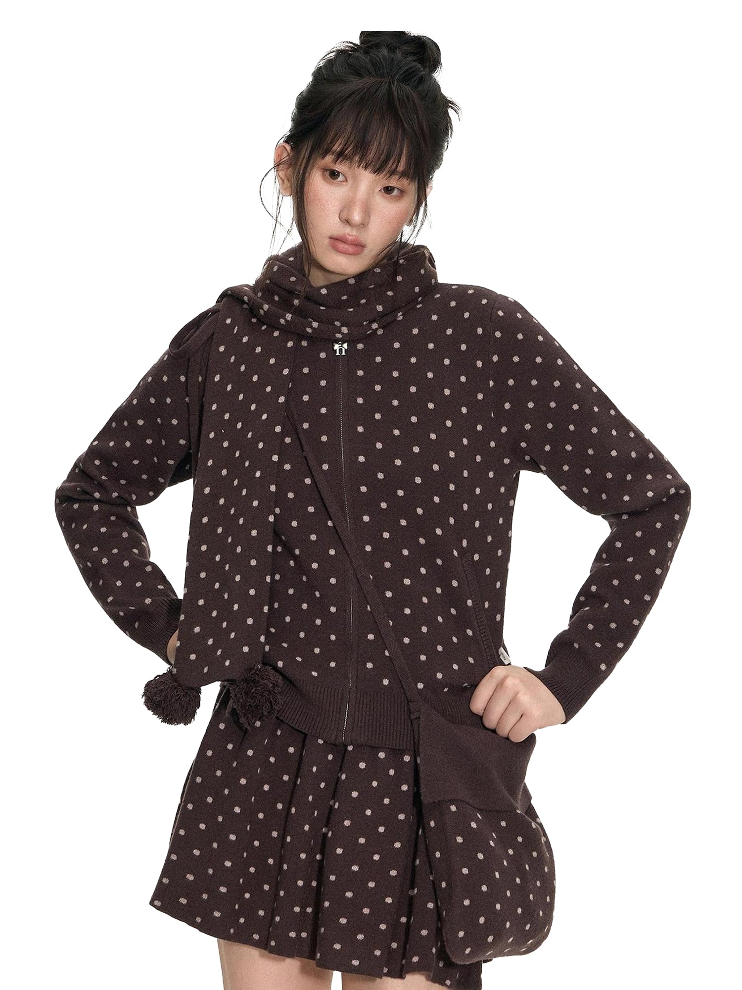 NAPSNAPS Polka Dot Pom Pom Knitted Double Layer Women&