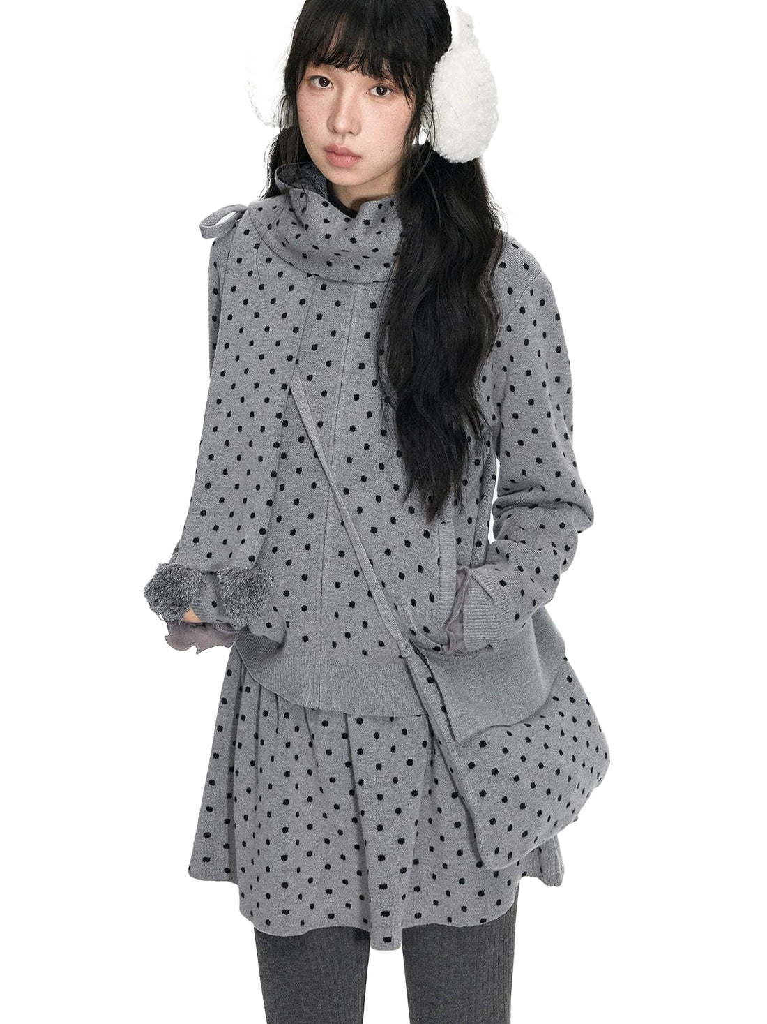 NAPSNAPS Polka Dot Pom Pom Knitted Double Layer Women&
