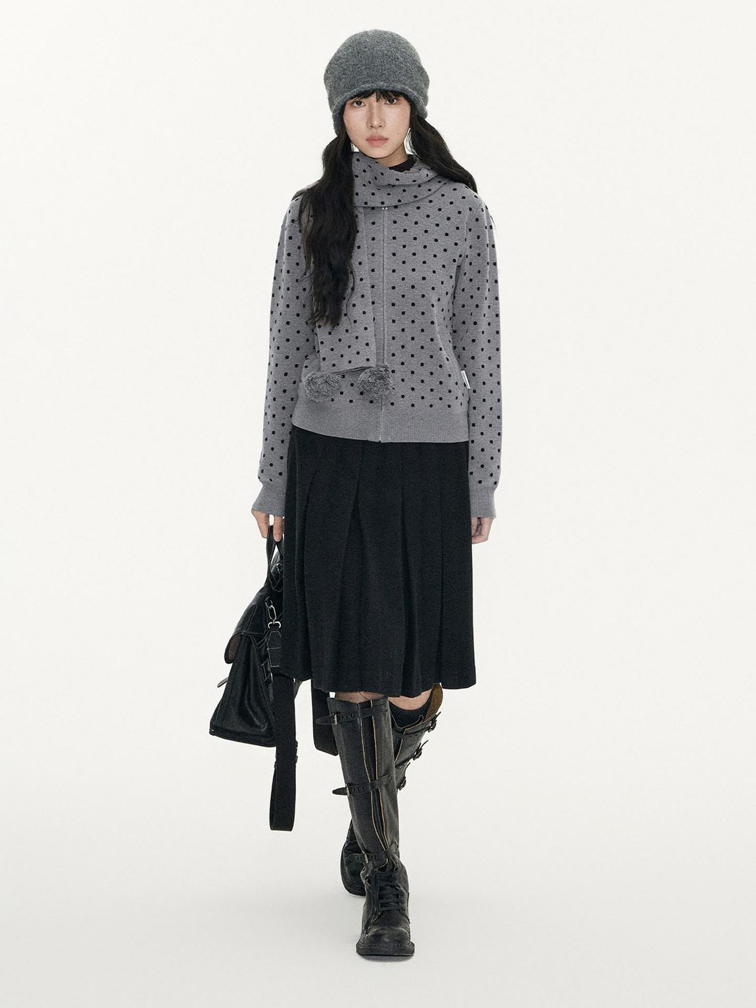 NAPSNAPS Polka Dot Pom Pom Knitted Double Layer Women&