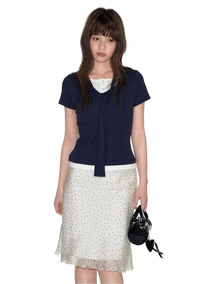 NAPSNAPS Polka Dot Print Lace A Line Mid Waist Women&