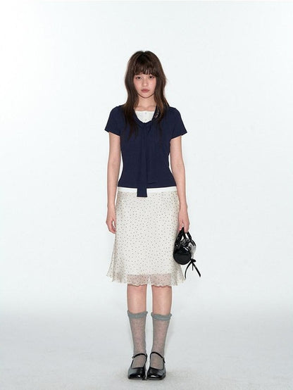 NAPSNAPS Polka Dot Print Lace A Line Mid Waist Women&