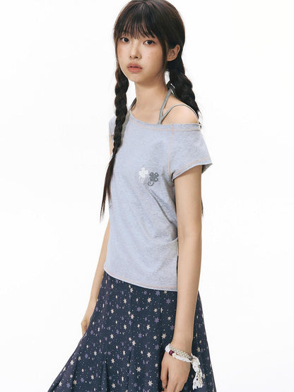 NAPSNAPS Printed Slanted Shoulder Frayed Neck Women&