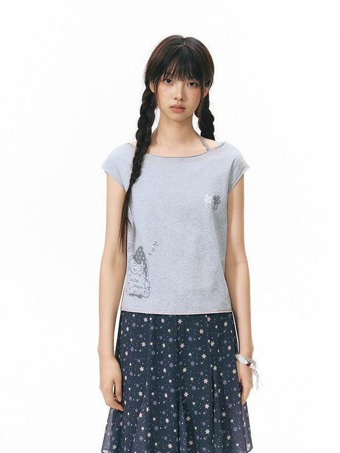 NAPSNAPS Printed Slanted Shoulder Frayed Neck Women&