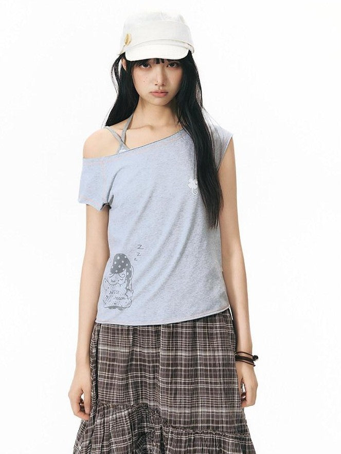 NAPSNAPS Printed Slanted Shoulder Frayed Neck Women&