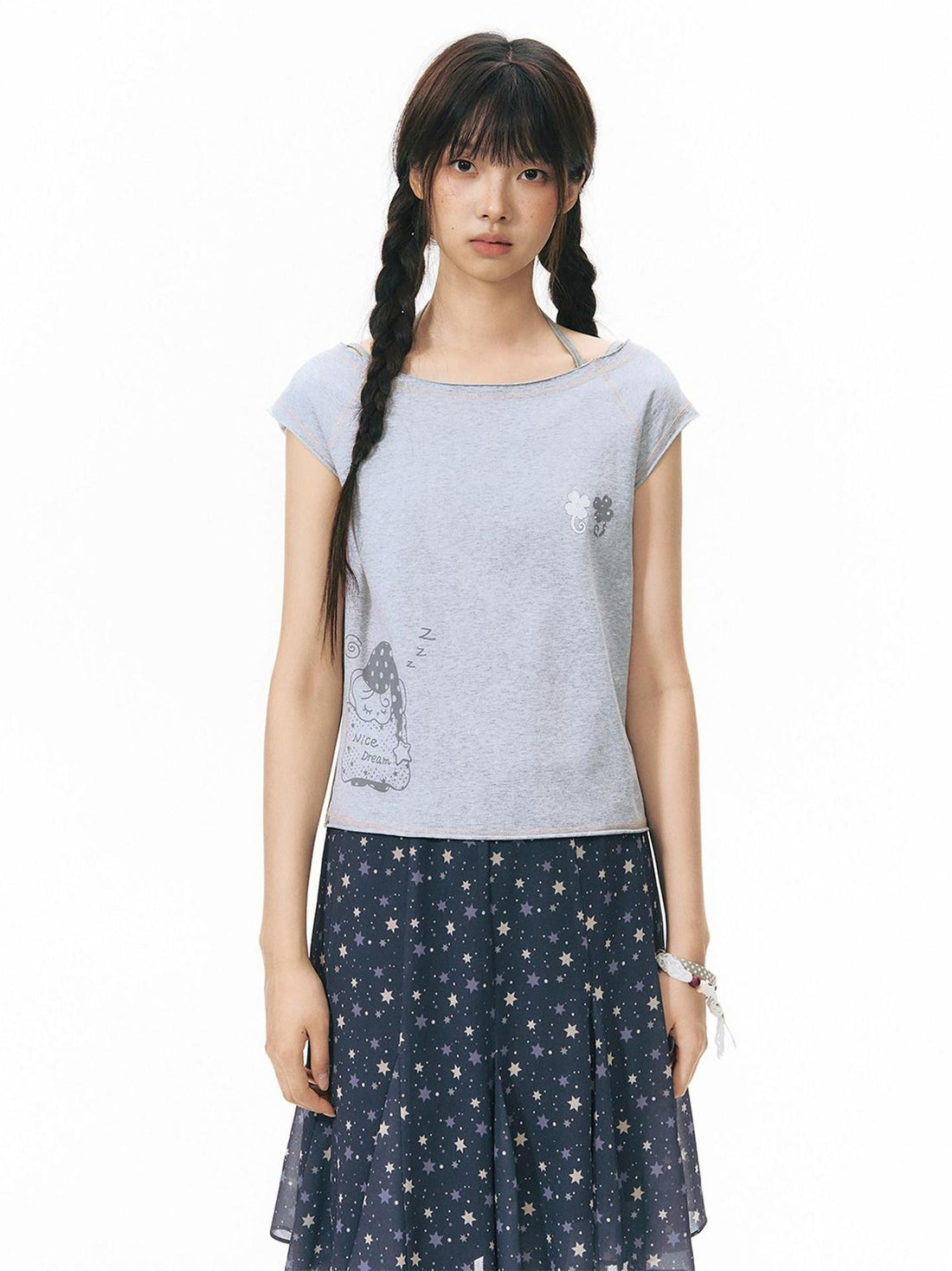 NAPSNAPS Printed Slanted Shoulder Frayed Neck Women&
