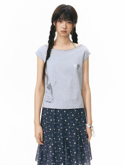 NAPSNAPS Printed Slanted Shoulder Frayed Neck Women&