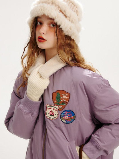 NAPSNAPS Purple Gray Fur Collar Detachable Hood Women&