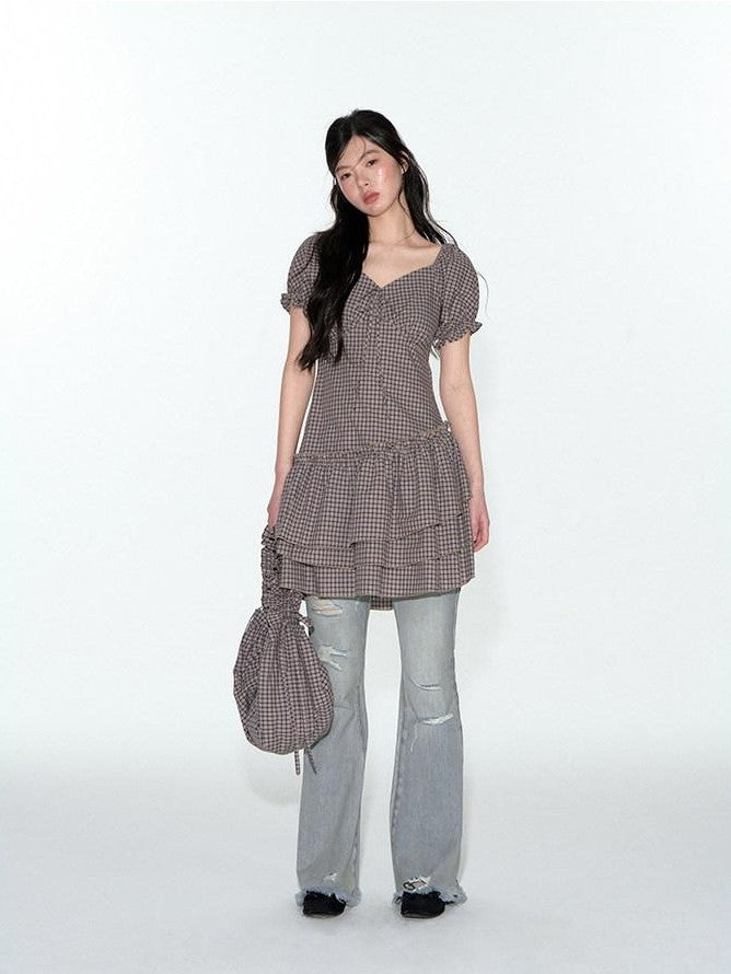 NAPSNAPS Purple Plaid Asymmetrical Double Layer V-neck Women&