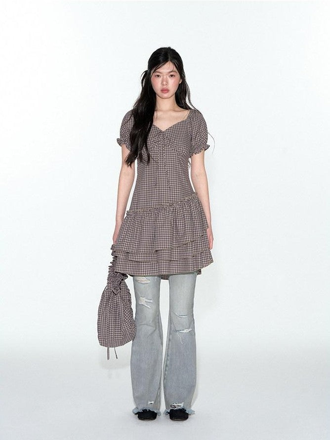 NAPSNAPS Purple Plaid Asymmetrical Double Layer V-neck Women&