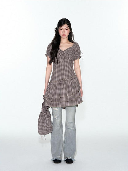 NAPSNAPS Purple Plaid Asymmetrical Double Layer V-neck Women&