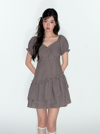 NAPSNAPS Purple Plaid Asymmetrical Double Layer V-neck Women&