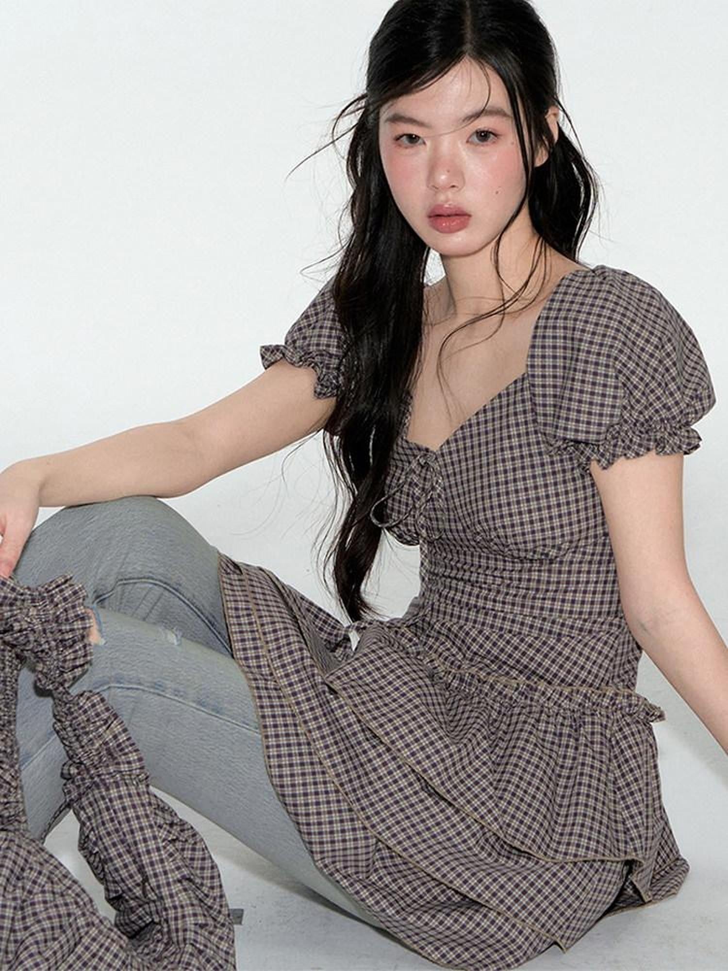 NAPSNAPS Purple Plaid Asymmetrical Double Layer V-neck Women&