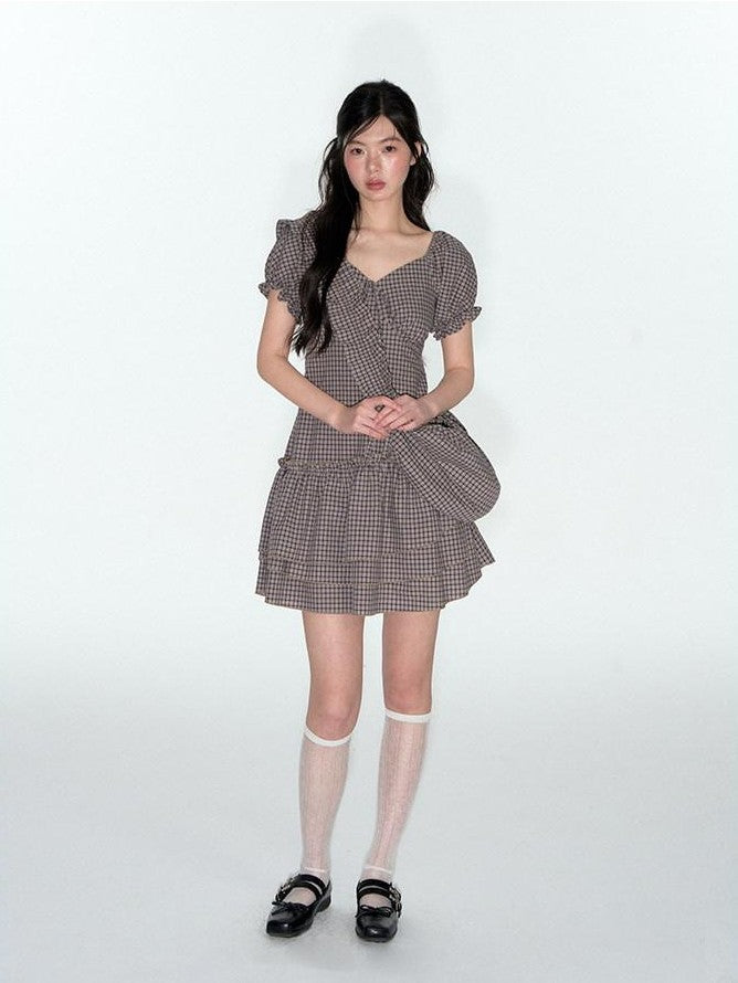 NAPSNAPS Purple Plaid Asymmetrical Double Layer V-neck Women&