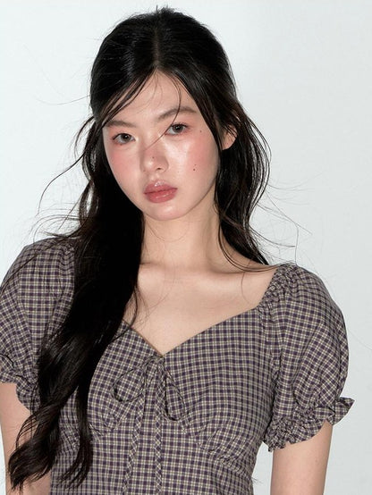 NAPSNAPS Purple Plaid Asymmetrical Double Layer V-neck Women&