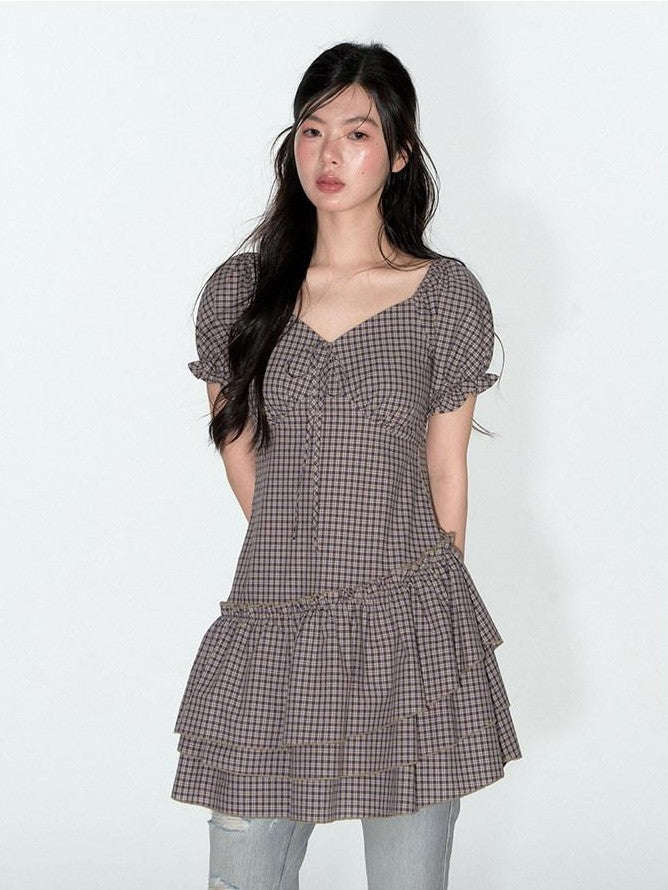NAPSNAPS Purple Plaid Asymmetrical Double Layer V-neck Women&
