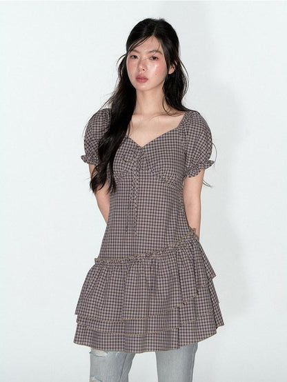 NAPSNAPS Purple Plaid Asymmetrical Double Layer V-neck Women&