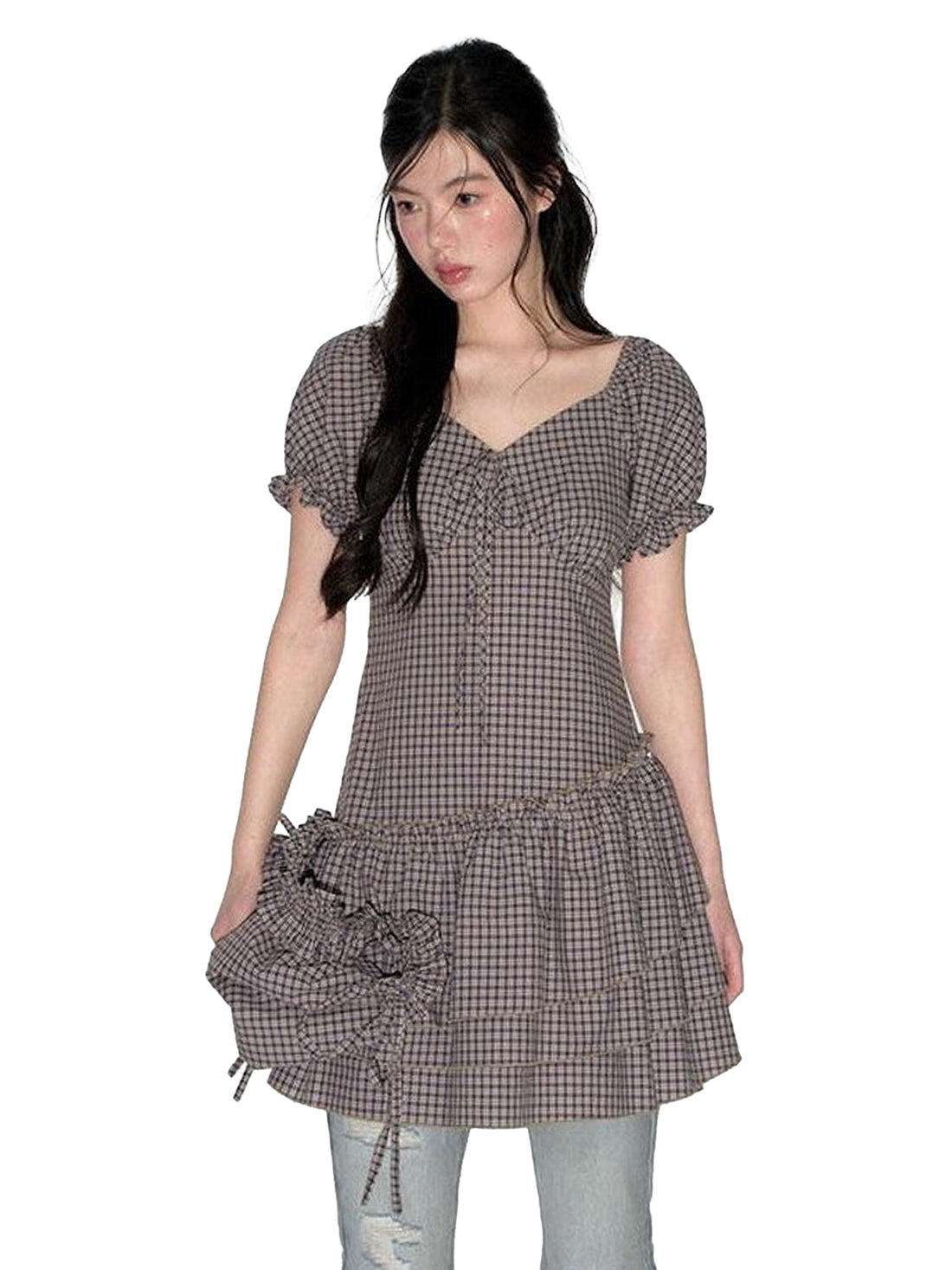 NAPSNAPS Purple Plaid Asymmetrical Double Layer V-neck Women&